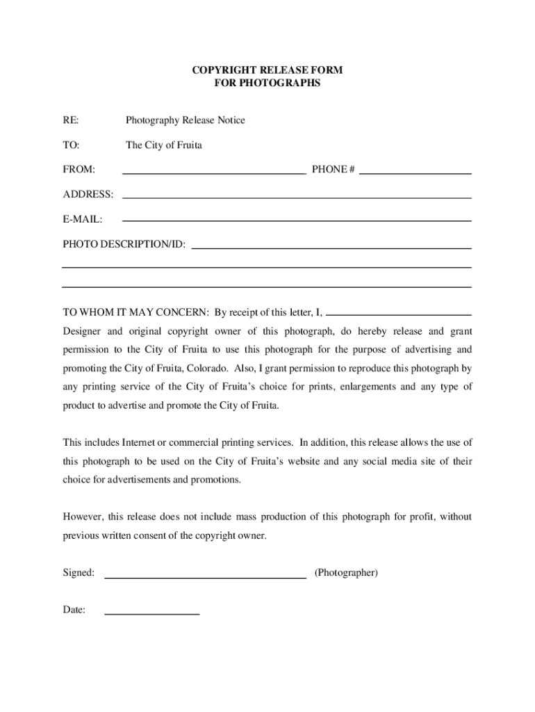 Photography Copyright Release Form