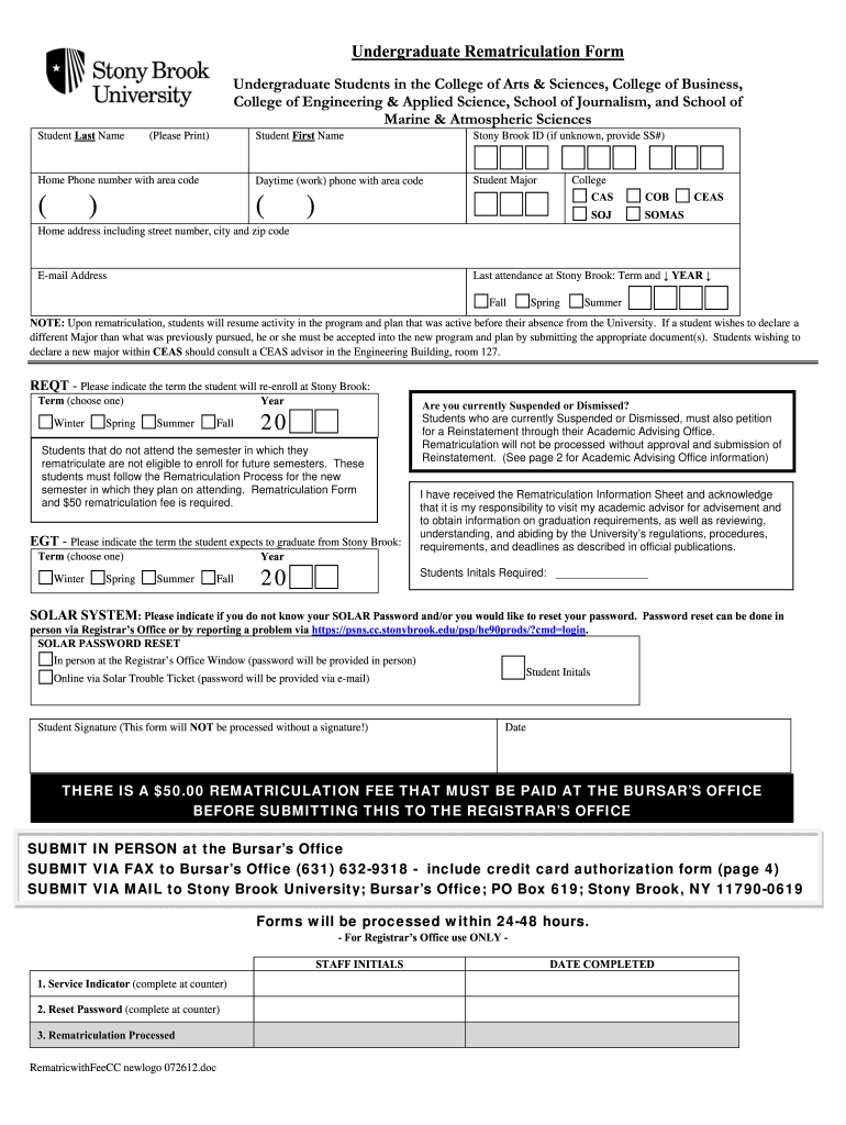 Stony Brook Rematriculation Form 2012