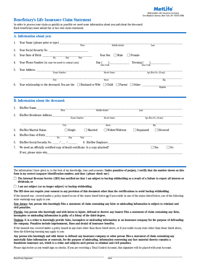 Metlife Death Claim Form