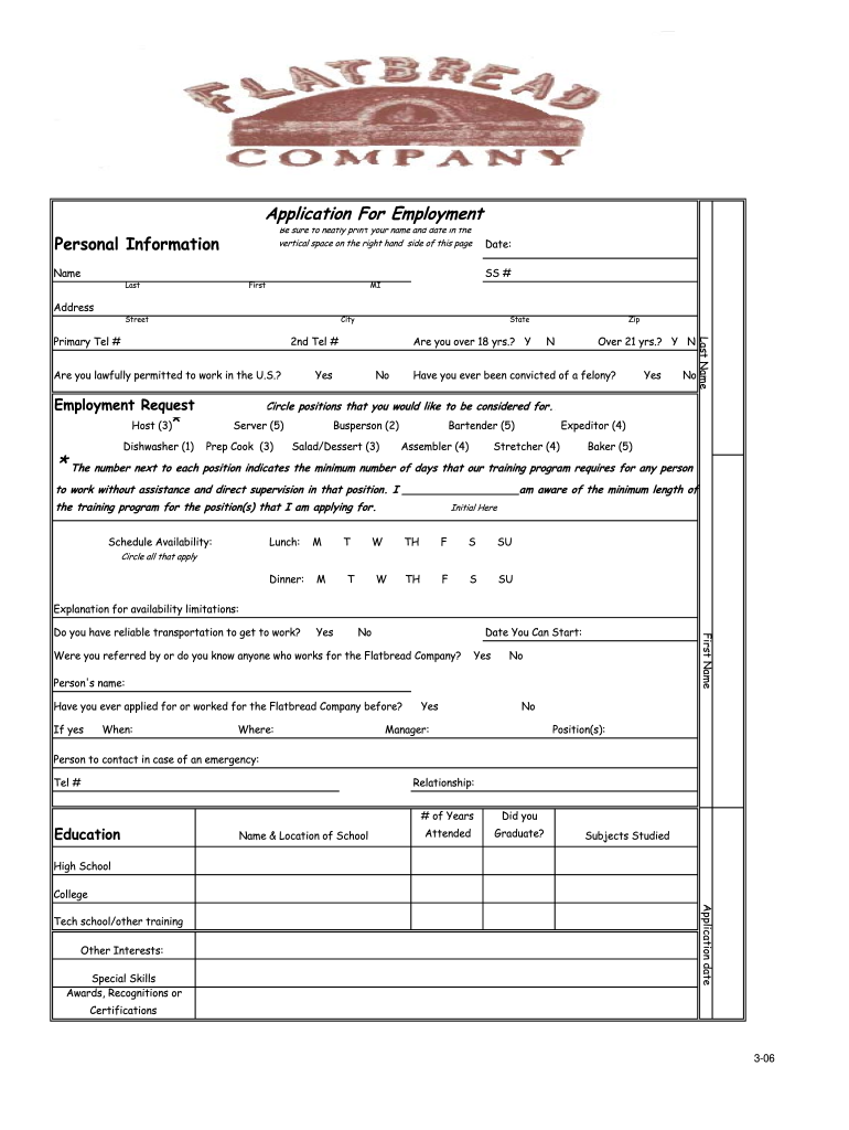 Flatbread Company Job Application Form 2006-2024