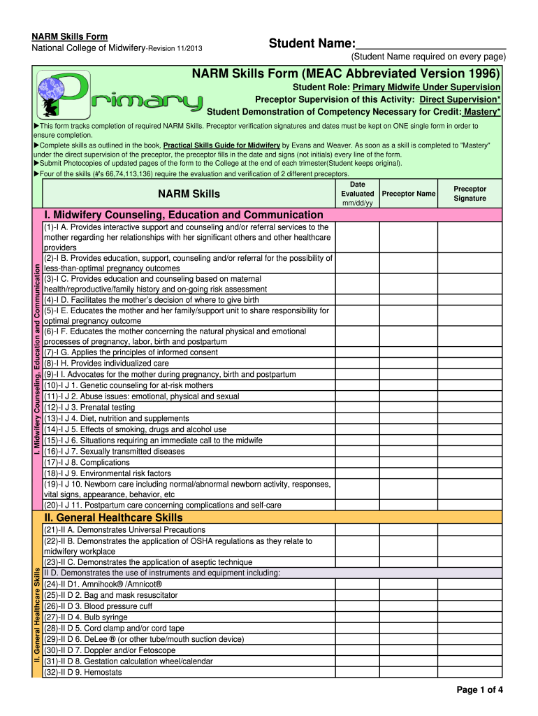 National College of Midwifery Narm Skills Form