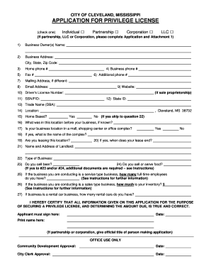 Application for Privilege License City of Cleveland Mississippi Form