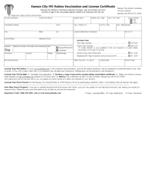 Kansas City MO Rabies Vaccination and License Certificate PetData  Form