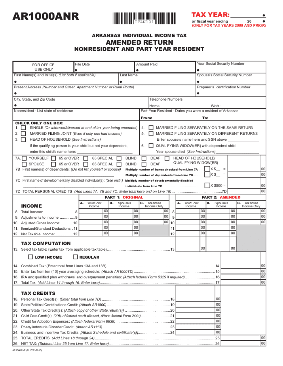  AR1000ANR Amended Income Tax Return for Non Residents Dfa Arkansas 2010-2024