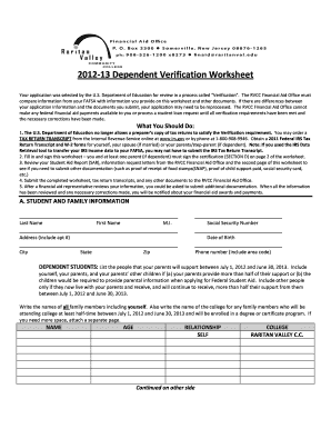  Raritan Depedent Verification Worksheet Form 2012