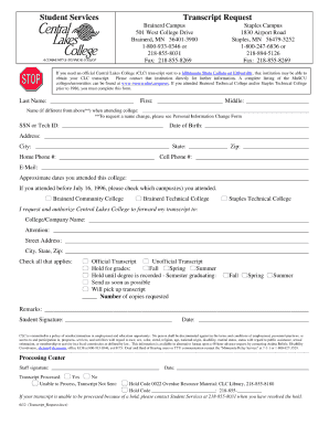 Central Lakes College Transcript Request  Form