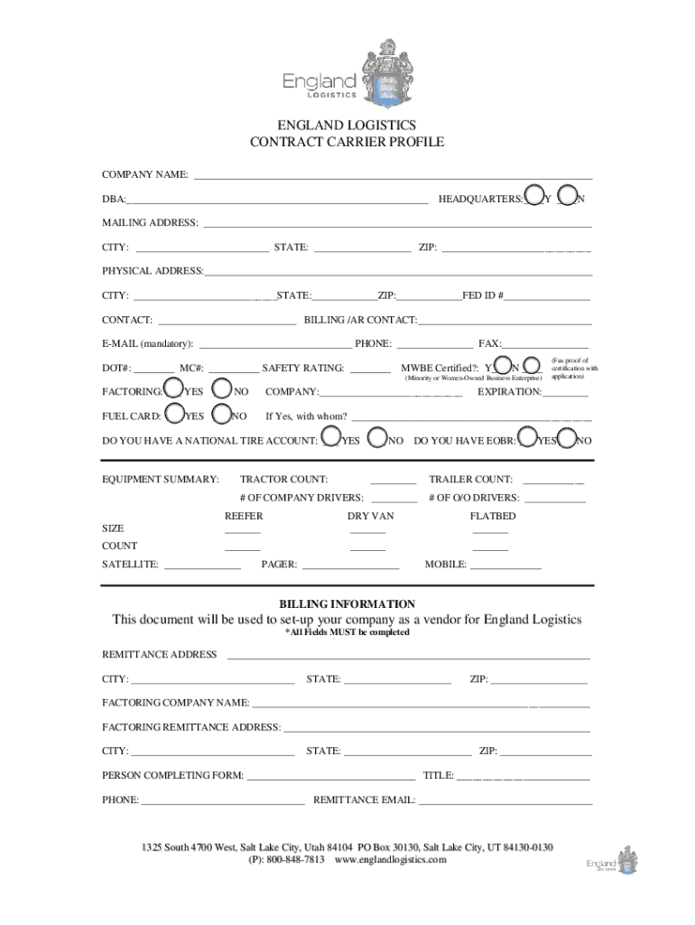 England Logistics Inc Carrier Setup  Form