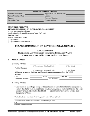 Instructions and Application for Emergency and Temporary Orders to Discharge Waste into or Adjacent to Water in the State of Tex  Form