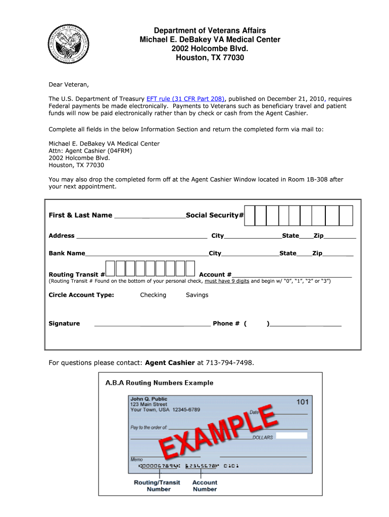 EFT Set Up Form  Michael E DeBakey VA Medical Center  Houston Va