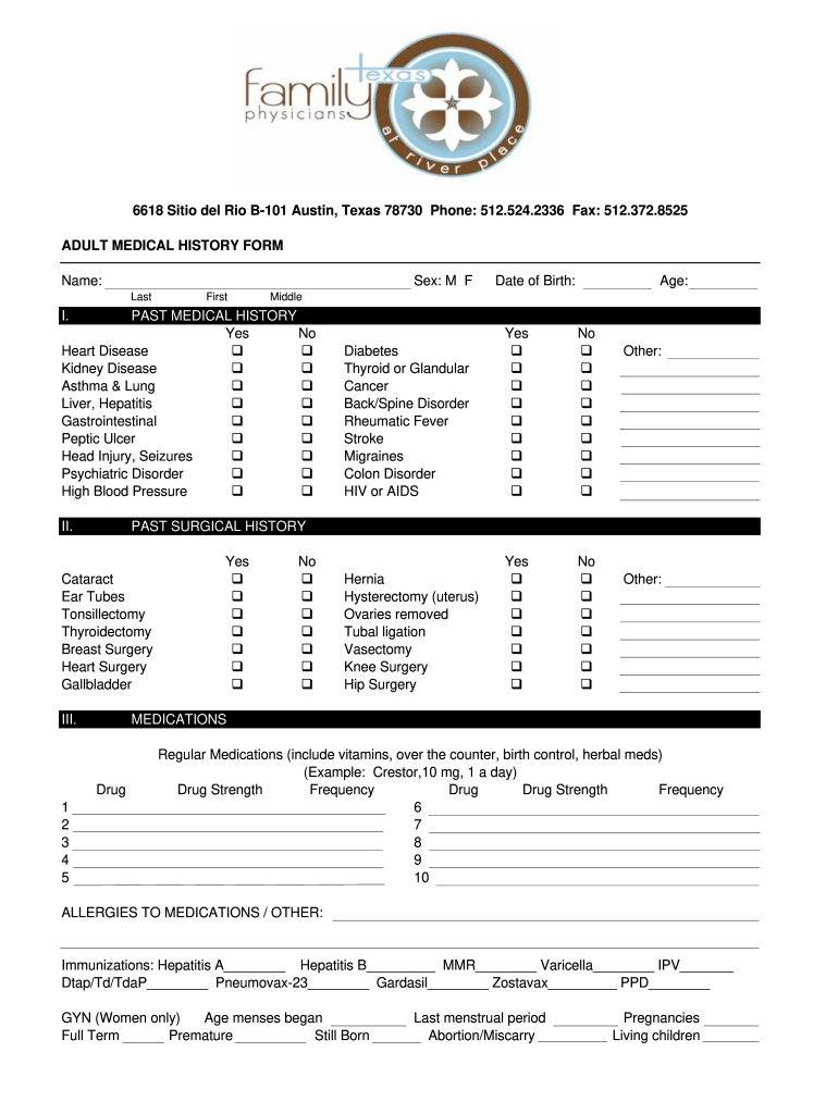 ADULT MEDICAL HISTORY FORM Name Texas Family Physicians