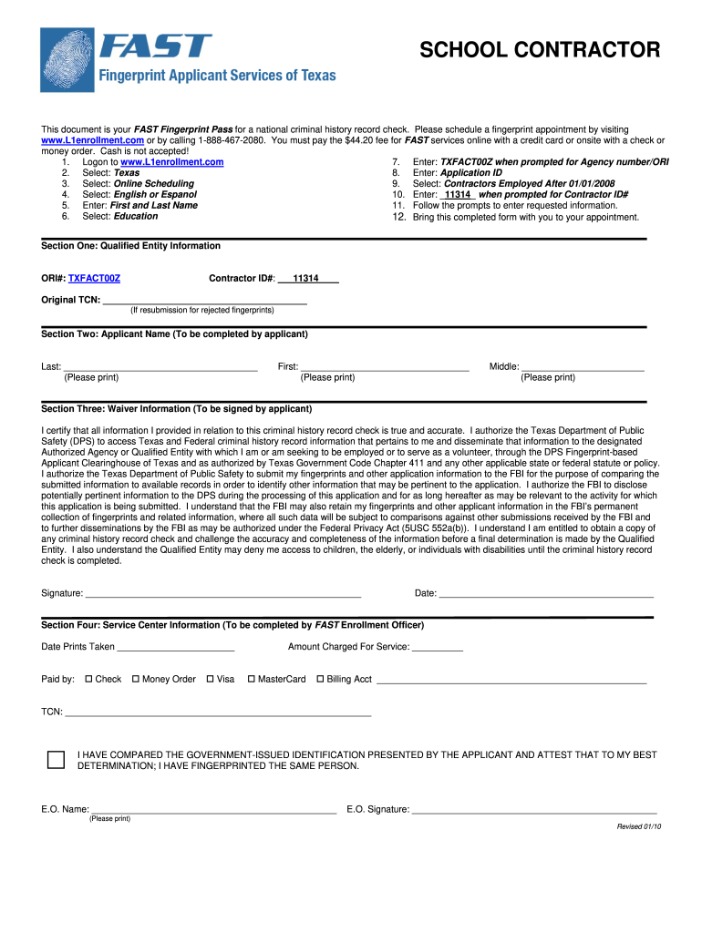 Fingerprint Application Form for Subcontractors to Work at NEISD