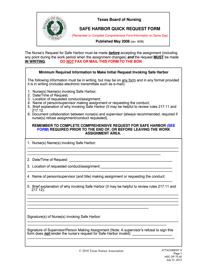 Texas Safe Harbor Form Fill Out And Sign Printable Pdf Template Signnow