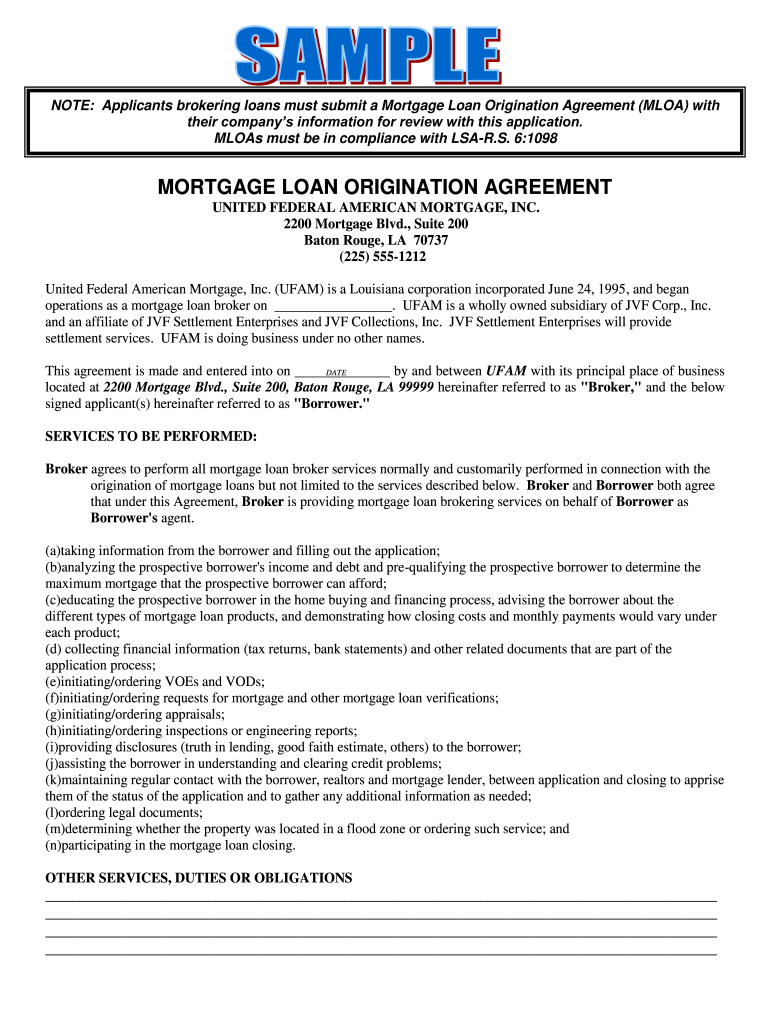 Mortgage Loan Origination Agreement  Form