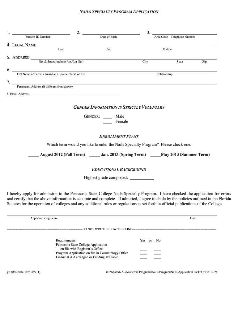 NAILS SPECIALTY PROGRAM APPLICATION Pensacolastate  Form