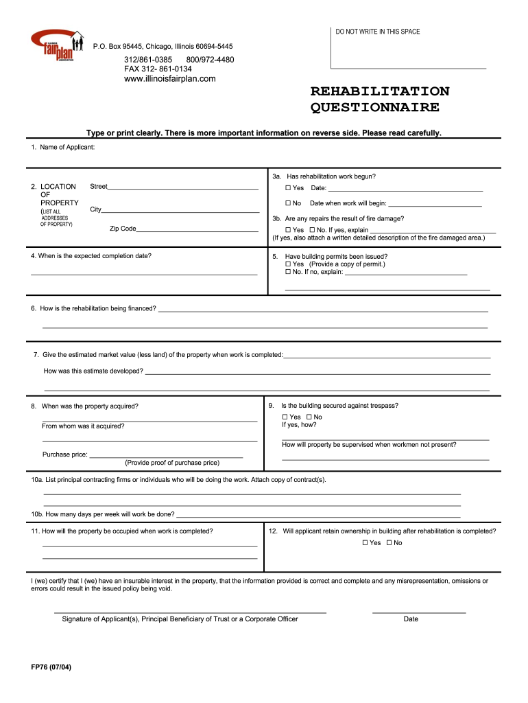  FP 76  REHABILITATION QUESTIONNAIRE1 DOC Application Form  Interstate Rehab LLC 2004-2024