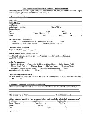 Vocational Rehabilitation Intake Form for Iowa