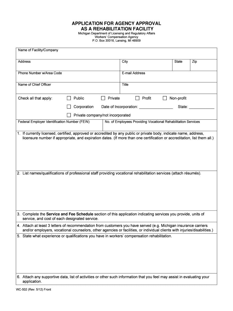 Application for Agency Approval as a Rehabilitation Facility  Form