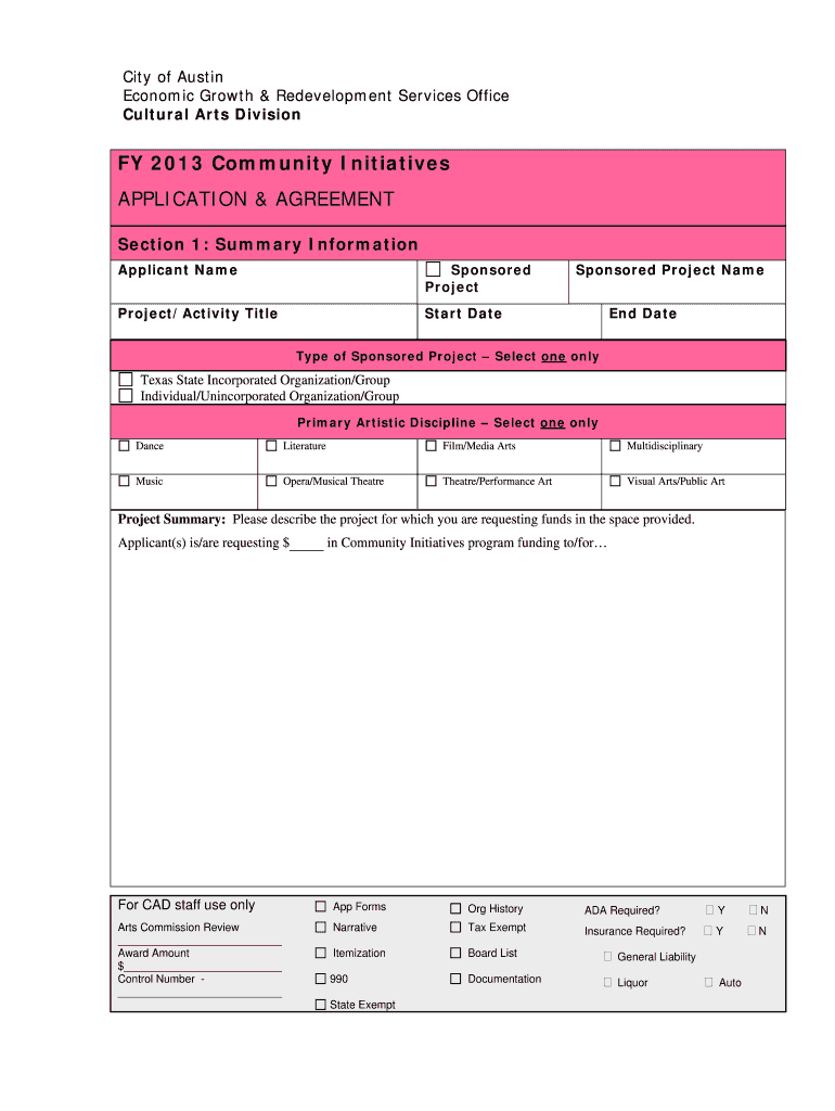 FY Community Initiatives APPLICATION City of Austin Austintexas  Form