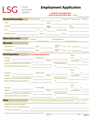 Employment Application Legal Staffing Group  Form