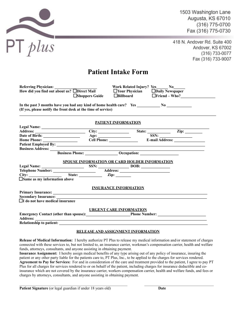  Physical Therapy Intake Form Template 2009