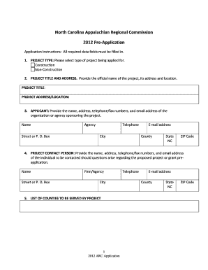 NC ARC Pre Application North Carolina Department of  Form