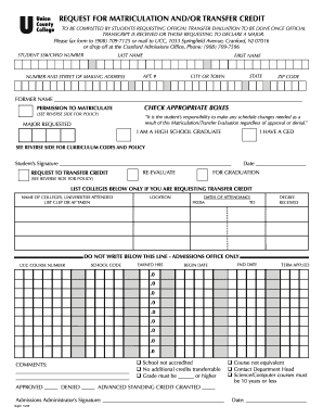 Matriculation Transfer Form OL Qxp Union County College