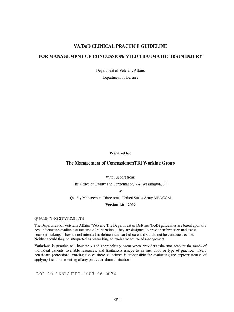 Management of Concussionmild TBI VADoD Clinical PRactice Guideline Rehab Research Va  Form