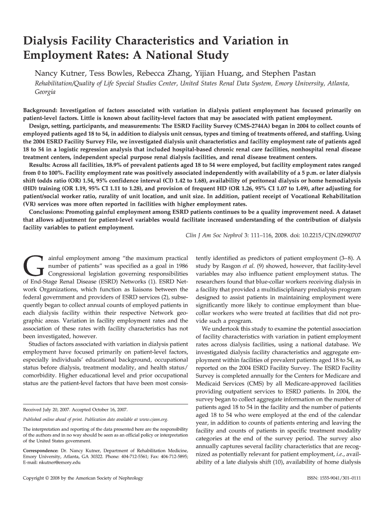 Dialysis Facility Characteristics and Variation in Employment Rates Cjasn Asnjournals  Form