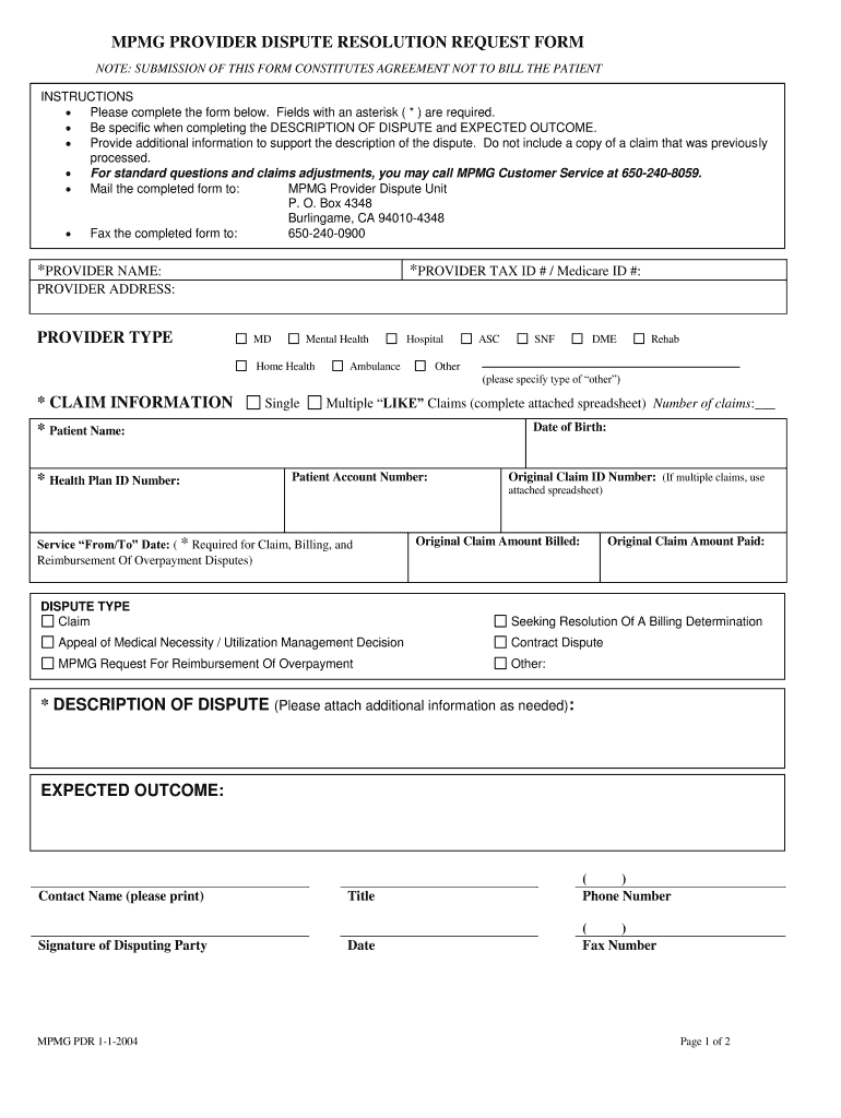  Provider Dispute Resolution Request Form Blank 2004-2024