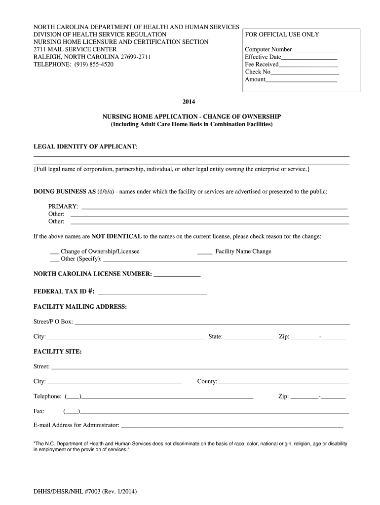 Nursing Home Application NC Department of Health and Human Ncdhhs  Form