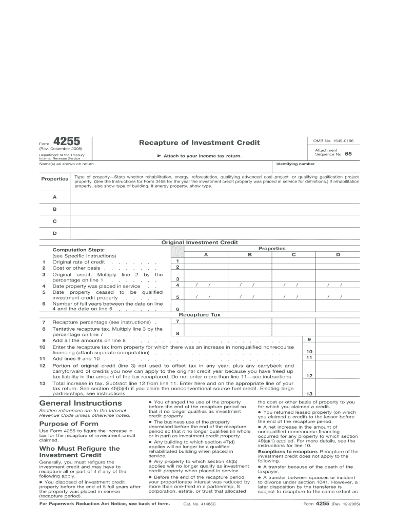 Form 4255 Rev December Fill in Capable Recapture of Investment Credit