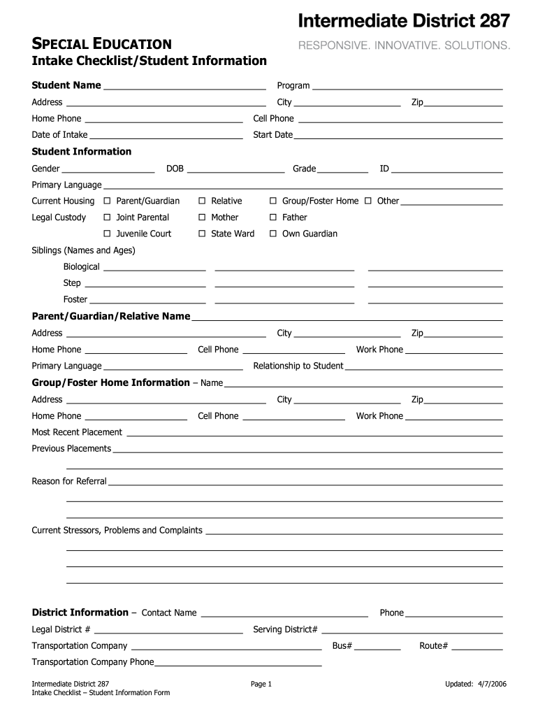 Intake Checklist Student Info Form DOC Legislative Digest District287 2006-2024