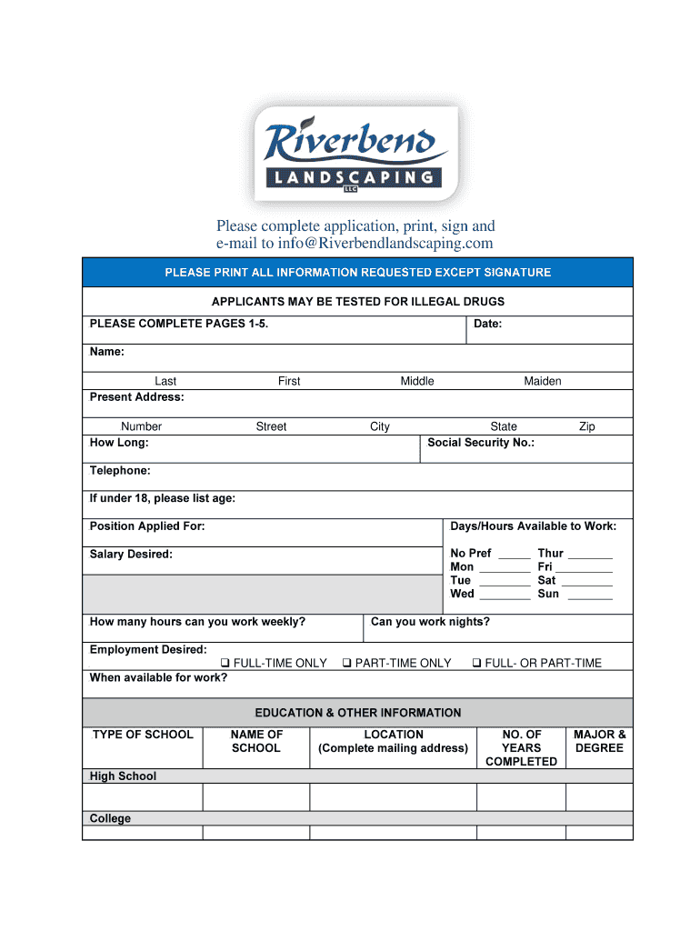 Employment Application Riverbend Landscaping  Form