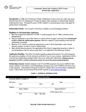 CBJT Grant Scholarship Application the Community College of Ccbcmd  Form