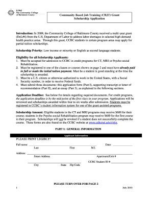 CBJT Grant Scholarship Application the Community College of Ccbcmd Form