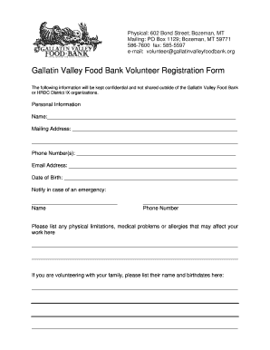 Gallatin Valley Food Bank Volunteer Registration Form