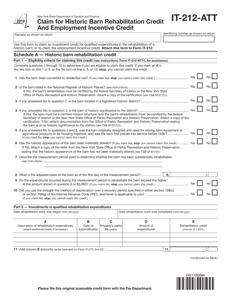 Claim for Historic Barn Rehabilitation Credit and Employment Incentive Credit Names as Shown on Return New York State Department  Form