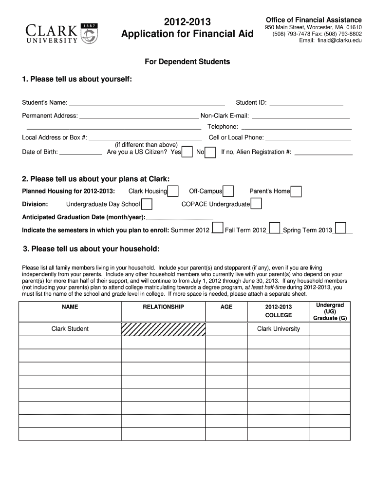 Application for Financial Aid Clark University  Form