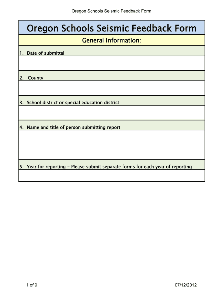 Oregon Schools Seismic Feedback Form Oregongeology