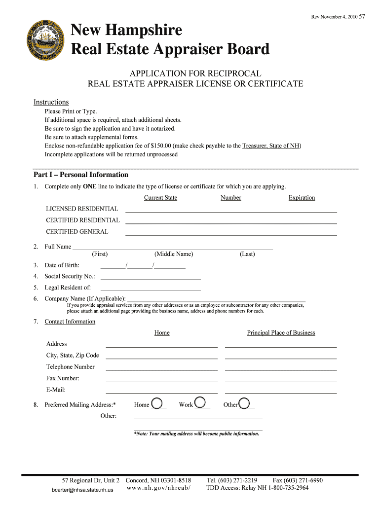 New Hampshire Real Estate Appraiser Board NH Gov Nh  Form