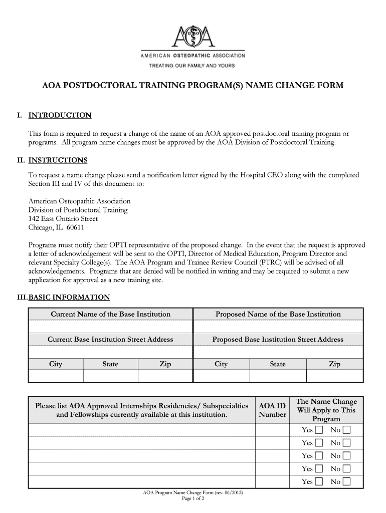 Name Change Program Rev 06 12 PDF American Osteopathic Osteopathic  Form