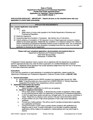 1 of 7 State of Florida Department of Business and Professional Regulation Florida Real Estate Appraisal Board Application for a  Form