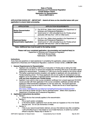 1 of 4 State of Florida Department of Business and Professional Regulation Florida Barbers&#039; Board Application for Reexamina  Form