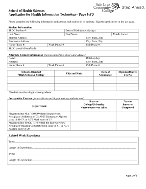 School of Health Sciences Application for Health Information Slcc