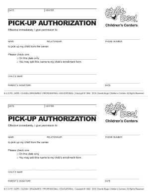 Pick Up Authorization Form Doodle Bugs!