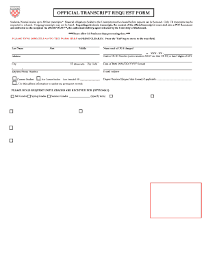 Official Transcript Request Form Registrar&#039;s Office University of Registrar Richmond
