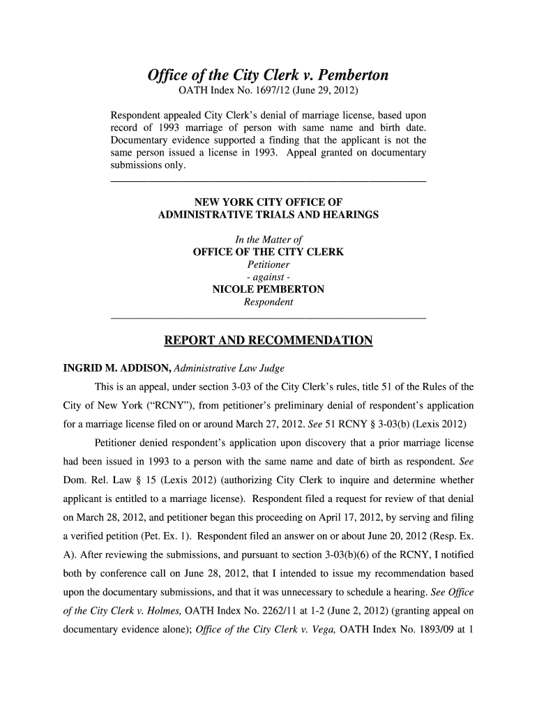 Office of the City Clerk V Pemberton  Form