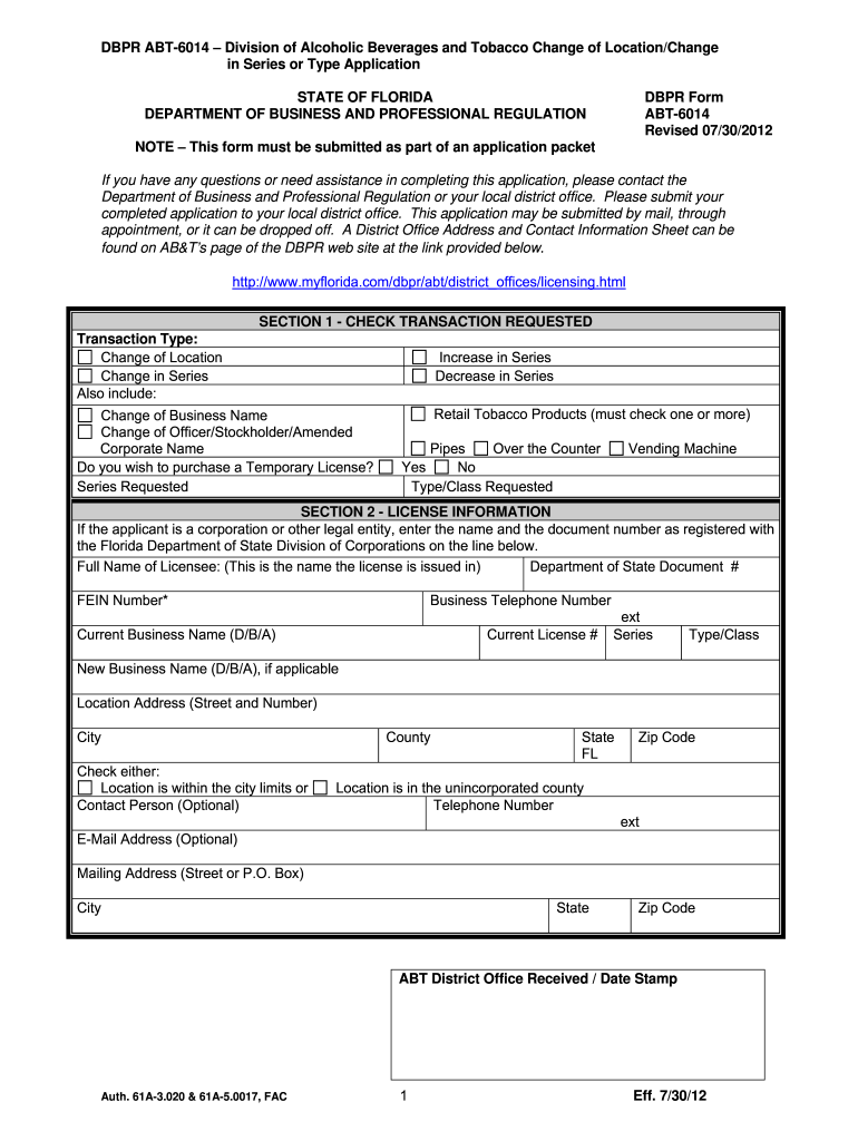 1 Eff 73012 DBPR ABT 6014 Division of Alcoholic Beverages  Form