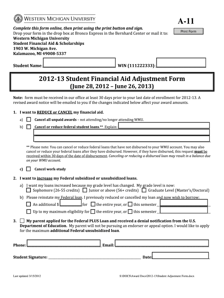 13 Student Financial Aid Adjustment Form Western Michigan Wmich