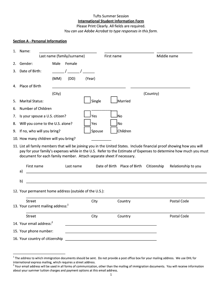 Tufts Summer Session International Student Information Form Ase Tufts